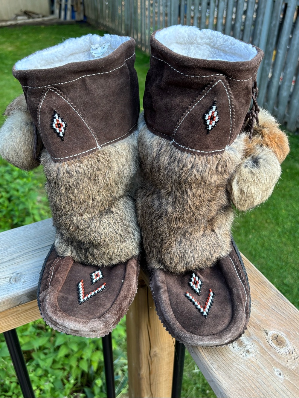 Brown Beaded Winter Moccasin Boots - Suede/Rabbit Fur
